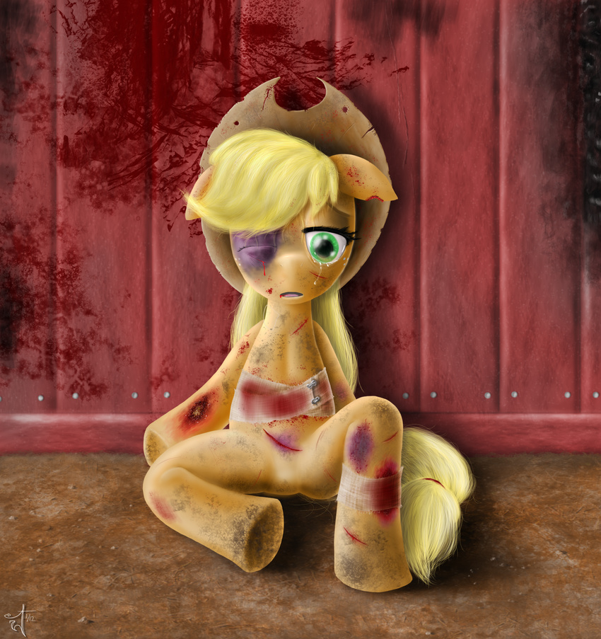 2012 applejack_(mlp) bandage blackmorass blonde_hair blood bruise bruises cowboy_hat crying cuts equine female freckles friendship_is_magic green_eyes hair hat horse mammal my_little_pony pony sitting solo tears