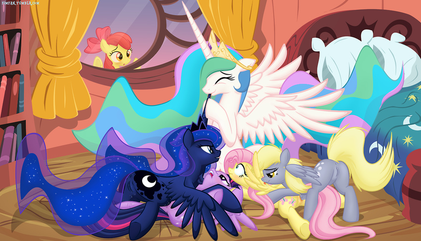 anus apple_bloom_(mlp) bed blush butt caught derpy_hooves_(mlp) equine female fluttershy_(mlp) friendship_is_magic horn hornjob horse inside junglepony lesbian licking my_little_pony pegasus princess_celestia_(mlp) princess_luna_(mlp) pussy tiara tongue wing_boner winged_unicorn wings