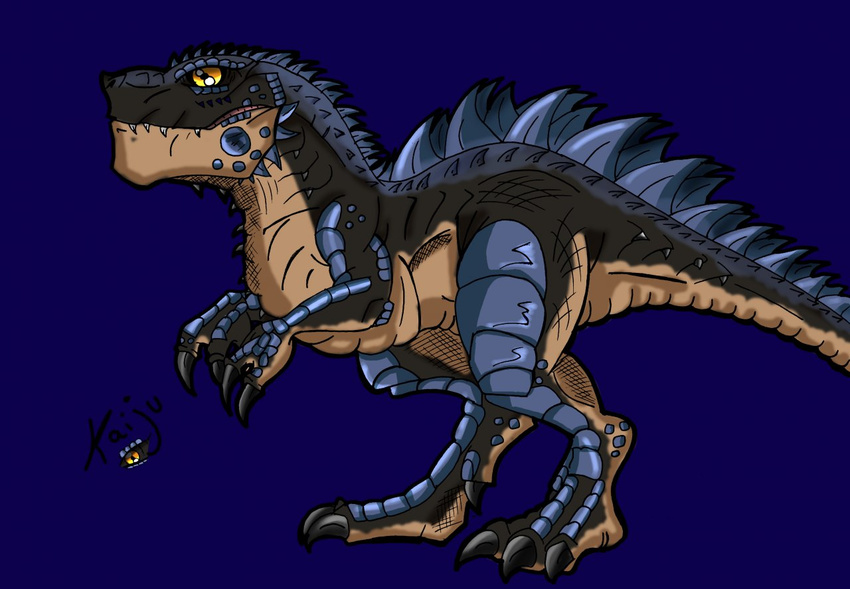 blue_background claws dinosaur english_text godzilla godzilla_(series) kaiju male plain_background reptile rex_equinox scalie teeth text yellow_eyes