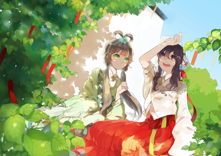 :d arm_at_side arm_up black_hair brown_eyes brown_hair chinese_clothes closed_mouth dappled_sunlight day dutch_angle feet_out_of_frame green_eyes hair_ornament hair_ribbon hair_rings hair_tubes leaf long_hair long_sleeves looking_up luo_tianyi midori_(willasama) multiple_girls open_mouth outdoors partially_submerged plant red_skirt ribbon robe shading_eyes sidelocks sitting skirt sleeves_past_fingers sleeves_past_wrists smile summer sunlight tress_ribbon vines vocaloid vocanese wall yuezheng_ling