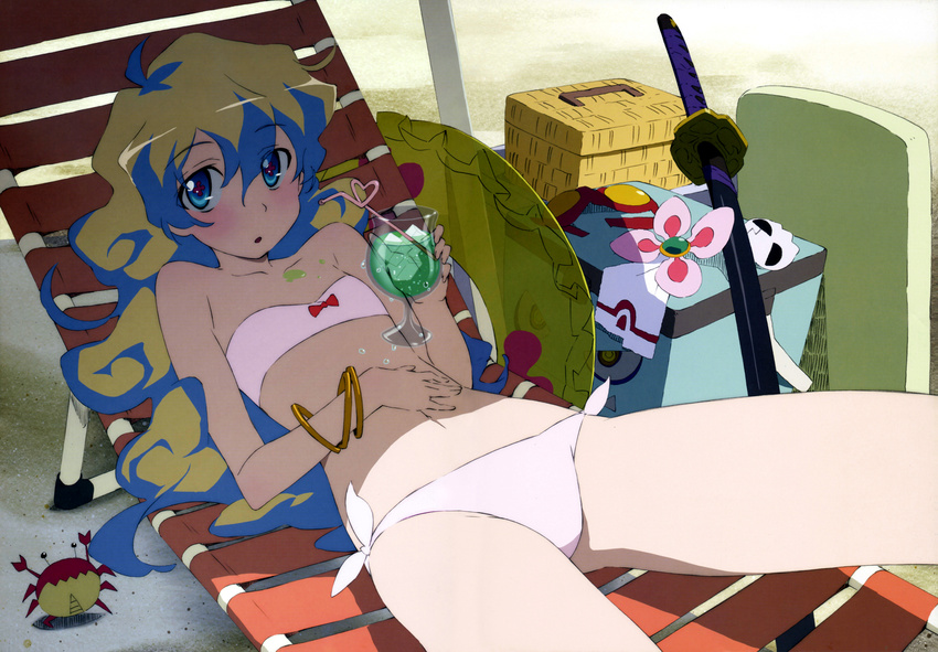 +_+ absurdres basket bikini bracelet chair crab crustacean curly_hair drink green_hair highres incredibly_absurdres innertube jewelry long_hair multicolored_hair nia_teppelin swimsuit sword tengen_toppa_gurren_lagann weapon