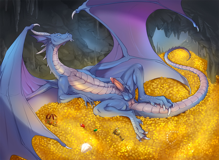 balls blue_body blue_dragon blue_skin cave claws crown cum cum_on_self dagger_leonelli digitigrade dragon erection feral gem gold hindpaw hoard horn lying male nude on_back paws penis presenting scalie solo spikes spread_legs spreading treasure wings