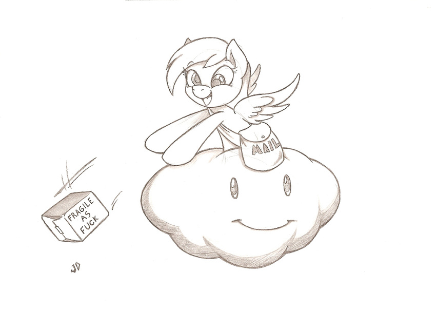 =) bag black_and_white box cloud derpy_hooves_(mlp) english_text equine face female feral friendship_is_magic horse joey-darkmeat mammal monochrome my_little_pony plain_background pony text throw white_background wings