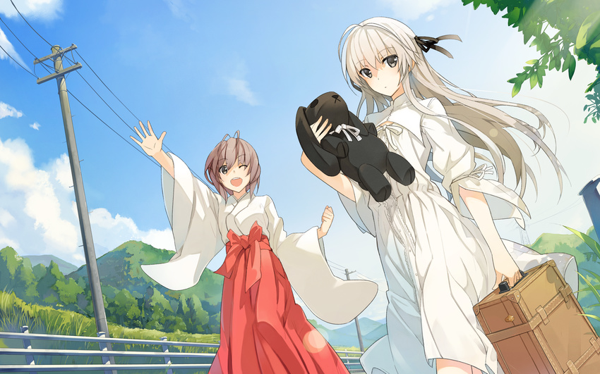 ;d amatsume_akira blue_sky brown_hair clenched_hand cloud day dress dutch_angle grey_eyes hakama highres hill holding japanese_clothes kasugano_sora long_hair long_sleeves miko miz multiple_girls one_eye_closed open_mouth outdoors outstretched_hand power_lines scan short_hair sky smile stuffed_animal stuffed_bunny stuffed_toy suitcase sundress telephone_pole wallpaper white_dress white_hair wide_sleeves yosuga_no_sora