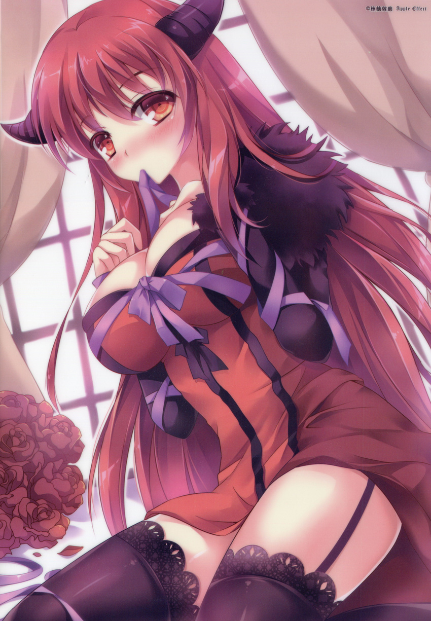 1girl absurdres apple_effect black_legwear blush breasts cleavage curtains flower full-face_blush garter_straps highres horns lace lace-trimmed_thighhighs maou_(maoyuu) maou_(maoyuu_maou_yuusha) maoyuu_maou_yuusha mouth_hold red_eyes red_hair ribbon roldelos rose thighhighs window