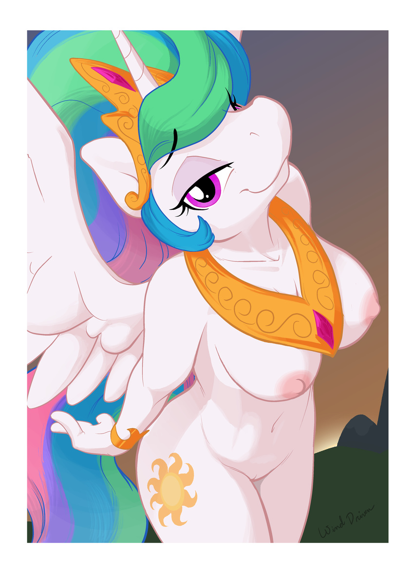 ajin anthro anthrofied breasts equine female friendship_is_magic hi_res horn horse mammal my_little_pony pinup pony pose princess princess_celestia_(mlp) pussy royalty smile solo winged_unicorn wings