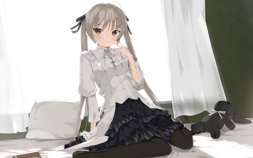 black_legwear blush brown_eyes cross curtains dress grey_hair hair_ribbon highres kasugano_sora nauribon pantyhose pillow ribbon smile solo stuffed_animal stuffed_bunny stuffed_toy twintails wallpaper window yosuga_no_sora