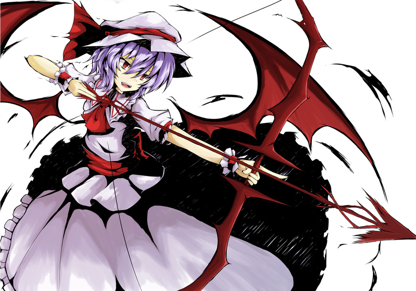 akisome_hatsuka alternate_weapon ascot blue_hair bow_(weapon) fang hat hat_ribbon open_mouth puffy_sleeves red_eyes remilia_scarlet ribbon sash shirt short_sleeves skirt skirt_set solo spear_the_gungnir touhou weapon wrist_cuffs