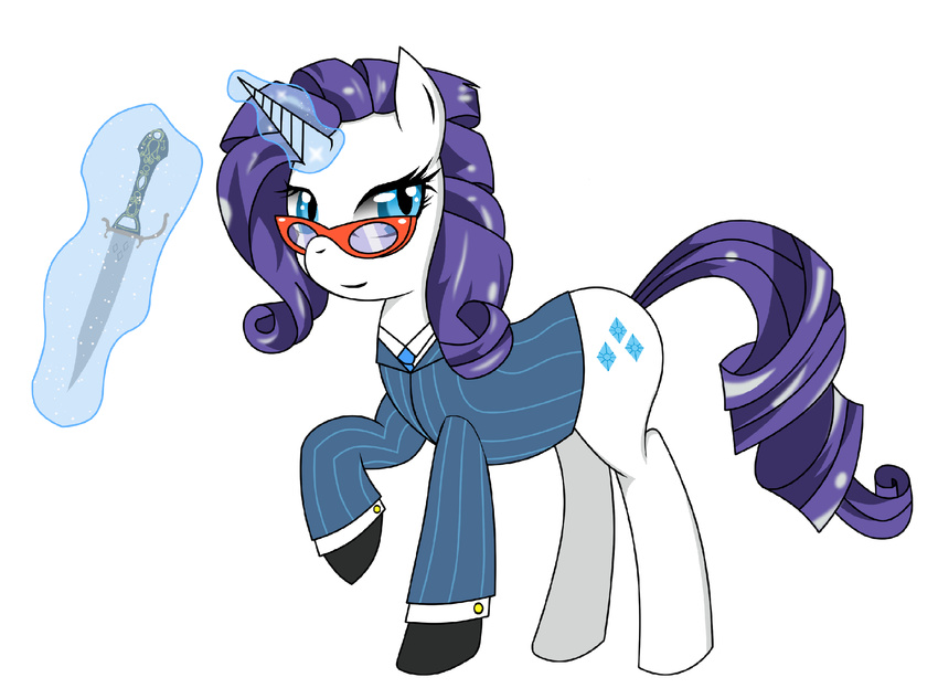 equine eyewear female feral friendship_is_magic fur glasses horn knife magic mammal my_little_pony plain_background rarity_(mlp) solo spy_(team_fortress_2) suit team_fortress_2 transparent_background unicorn white_fur zzvinniezz