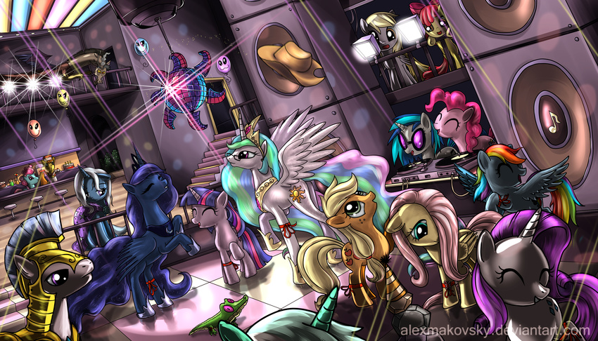 absurd_res alexmakovsky alligator antlers apple_bloom_(mlp) applejack_(mlp) armor balloon blonde_hair blue_eyes cowboy_hat cutie_mark derpy_hooves_(mlp) discord_(mlp) draconequus equine everyone eyewear female feral fluttershy_(mlp) freckles friendship_is_magic fur green_eyes group gummy_(mlp) hair hat hi_res horn horse inside lyra_(mlp) lyra_heartstrings_(mlp) male mammal mr_cake_(mlp) mrs_cake_(mlp) my_little_pony night_club party pegasus pink_fur pink_hair pinkie_pie_(mlp) pony princess_celestia_(mlp) princess_luna_(mlp) purple_eyes rainbow_dash_(mlp) rarity_(mlp) red_eyes reptile rocky_(mlp) royal_guard royal_guard_(mlp) scalie speakers sunglasses trixie_(mlp) twilight_sparkle_(mlp) unicorn vinyl_scratch_(mlp) winged_unicorn wings