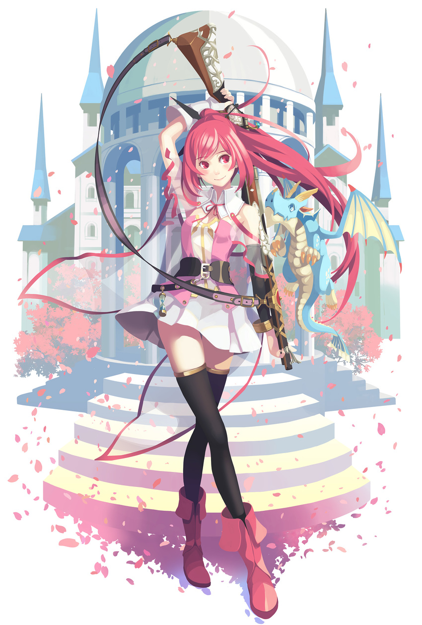 black_legwear bolt_action building castle dragon drake_(toki_towa) floating_hair full_body gun highres looking_at_viewer official_art pink_eyes pink_hair ponytail rifle stairs standing temple thighhighs toki_(tokitowa) toki_to_eien_toki_towa vofan weapon wind zettai_ryouiki