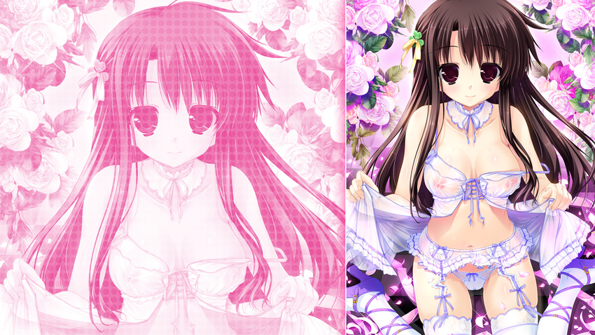 black_hair cleavage clochette flowers game_cg garter_belt kugayama_konoka long_hair nipples panties prism_recollection see_through shintaro stockings underwear zoom_layer