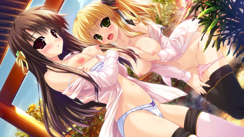 2girls black_hair blonde_hair blush bra breast_hold breasts clochette game_cg kugayama_konoka nipples open_shirt panties panty_pull prism_recollection shintaro striped_panties thighhighs twintails uisaki_hinano underwear undressing