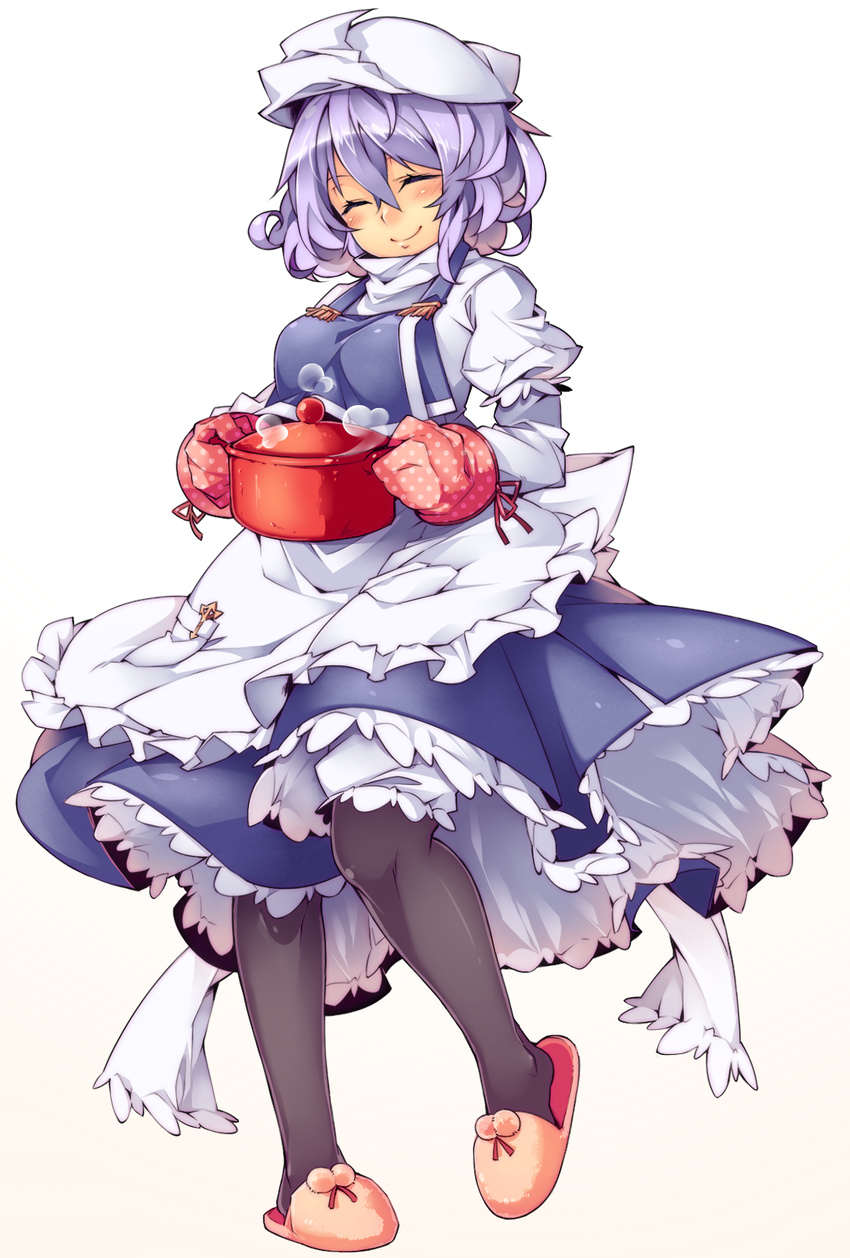 bad_id bad_pixiv_id black_legwear blush closed_eyes hat highres kokka_han letty_whiterock oven_mitts pantyhose pot purple_hair simple_background slippers smile solo steam touhou white_background