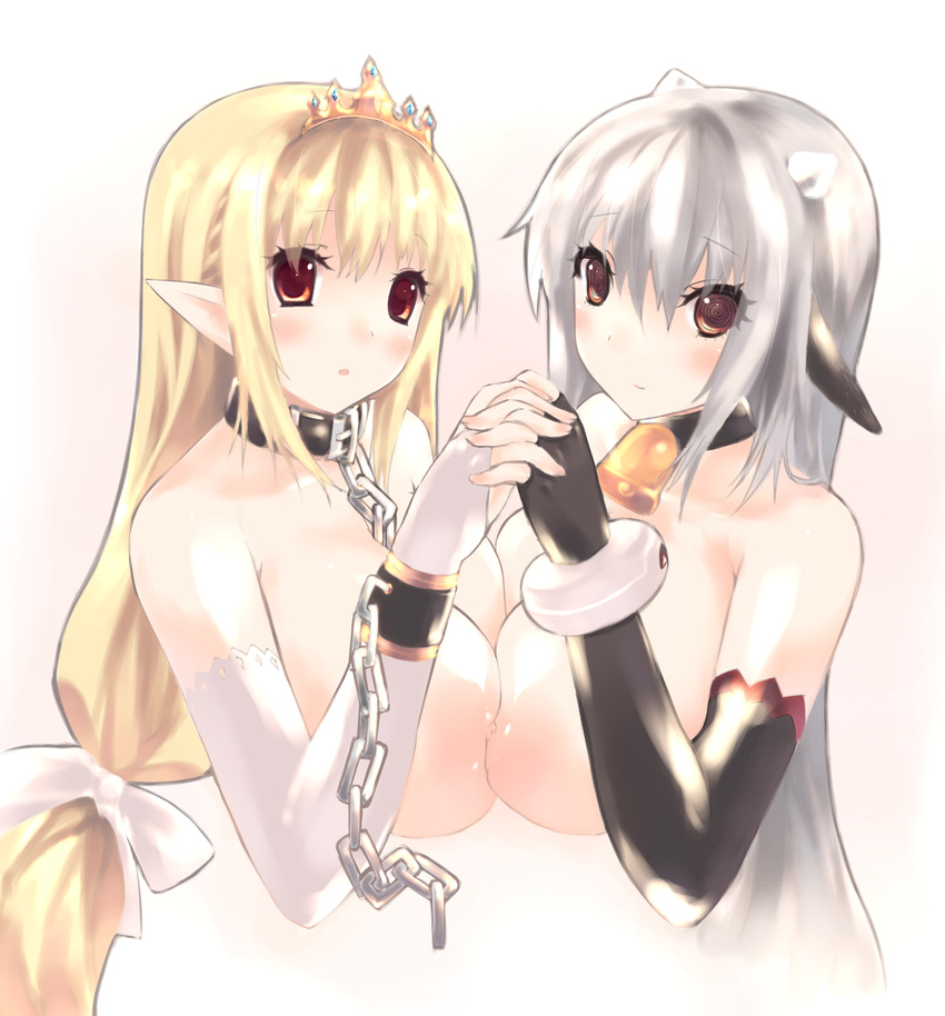 2girls animal_ears bdsm bell bell_collar blonde_hair blush breast_press breasts brown_eyes bust chains collar cow_ears cow_girl cow_horns cuffs elbow_gloves elf female gloves hand_holding highres horns huge_breasts leash long_hair looking_at_viewer multiple_girls nipples original pointy_ears ponytail silver_hair symmetrical_docking tiara tsukimi_(pixiv) upper_body