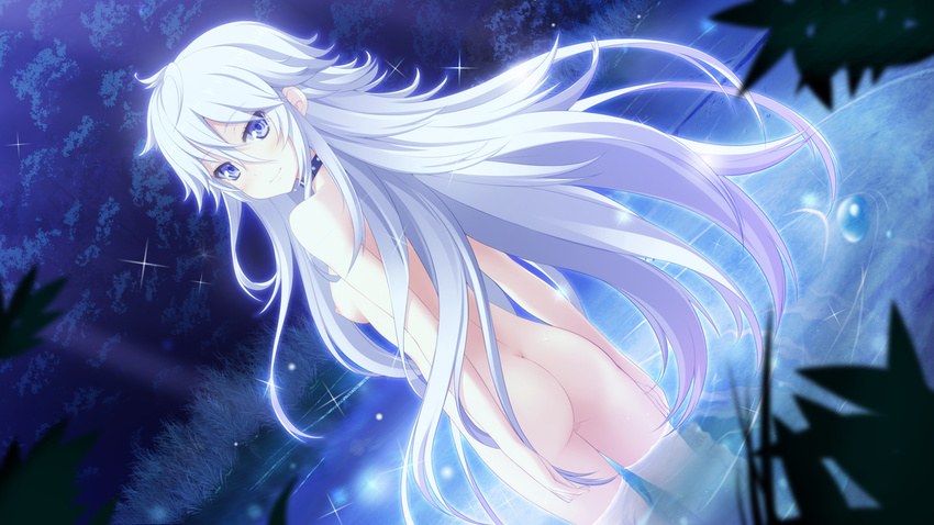 blue_eyes game_cg kouyama_nagi long_hair night nipples nude seisai_no_resonance tel-o water white_hair yatagarasu