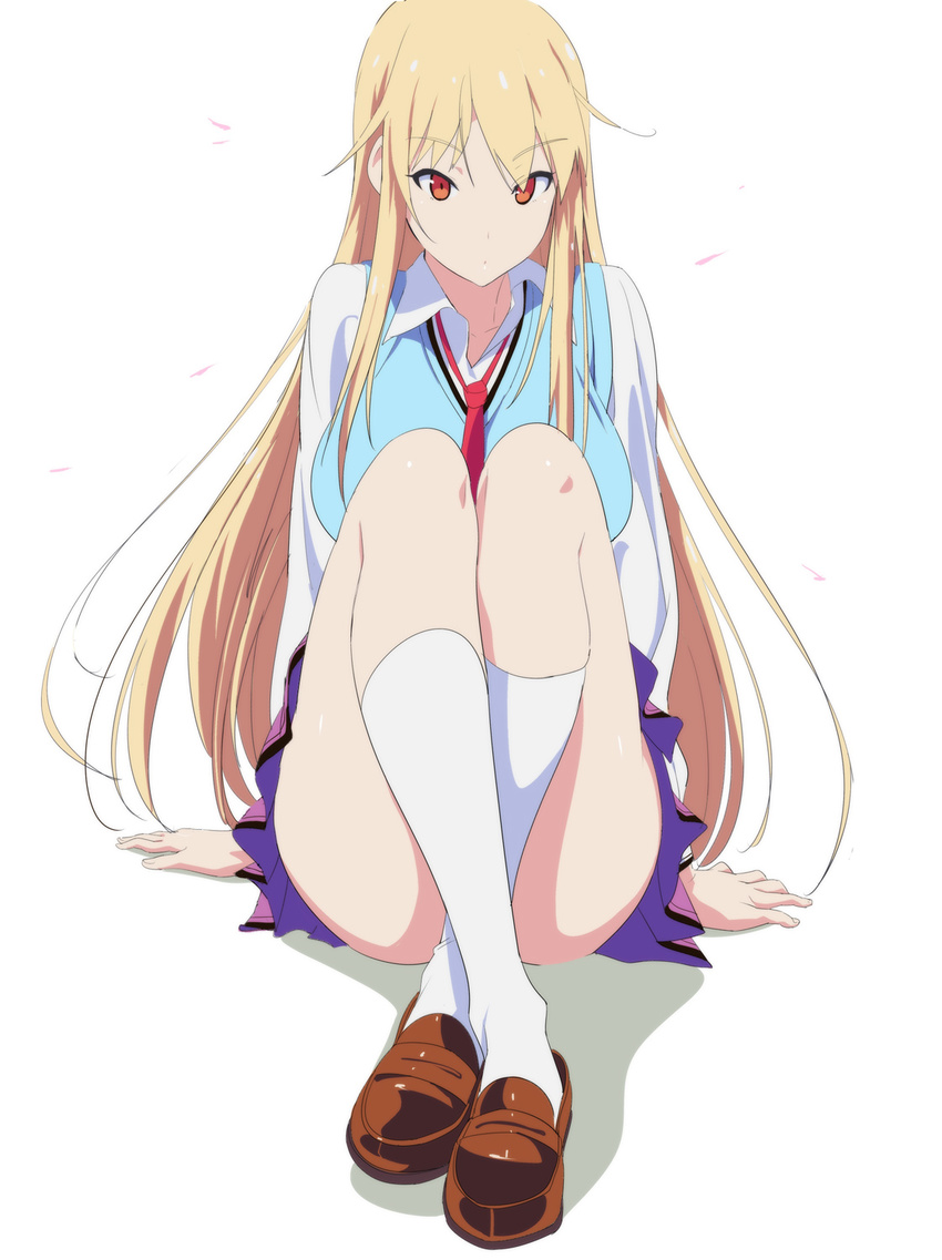 bad_id bad_pixiv_id blonde_hair highres knees_to_chest long_hair petals red_eyes sakura-sou_no_pet_na_kanojo shiina_mashiro shino_(comic_penguin_club) simple_background skirt solo white_background