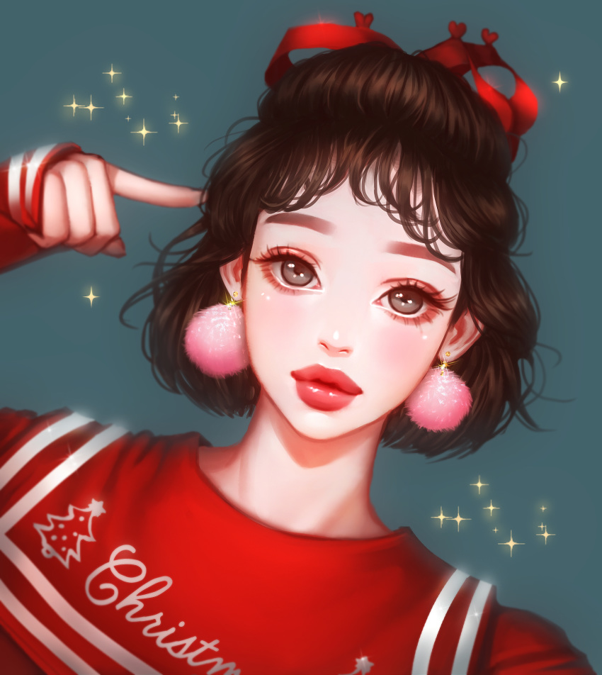 1girl arm_up black_eyes black_hair christmas closed_mouth commentary_request heart highres lips looking_at_viewer original pink_earrings pointing pointing_at_self pom_pom_earrings portrait red_lips red_ribbon red_shirt rena_illusion ribbon shirt short_hair sleeves_past_wrists solo sparkle upper_body