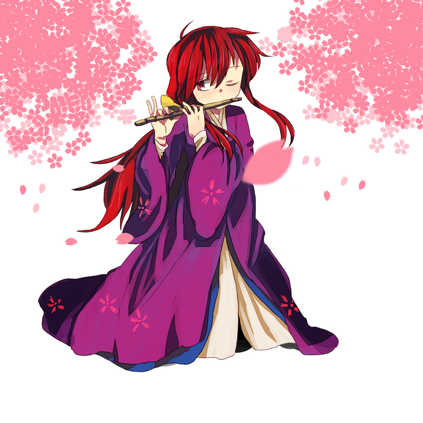 bad_id bad_pixiv_id cherry_blossoms flute hachi_(8bit_canvas) highres instrument japanese_clothes kimono kotohime long_hair one_eye_closed red_eyes red_hair solo touhou touhou_(pc-98) wide_sleeves