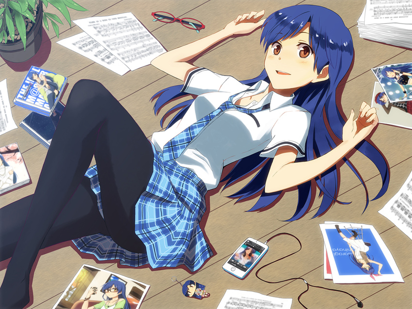 black_legwear blue_hair brown_eyes cd_case digital_media_player earphones earphones_removed eyewear_removed glasses idolmaster idolmaster_(classic) keychain kisaragi_chihaya long_hair lying necktie on_back open_mouth pantyhose photo_(object) plaid plaid_neckwear plaid_skirt plant pleated_skirt potted_plant rough_time_school sheet_music skirt smile solo teru_(grafroller)