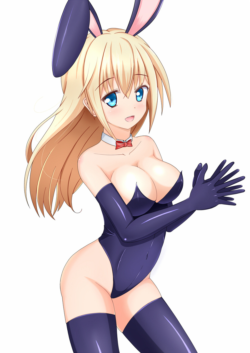 aneten animal_ears blonde_hair blue_eyes bow bowtie breasts bunny_ears bunnysuit cleavage detached_collar elbow_gloves gloves highres large_breasts long_hair original solo thighhighs