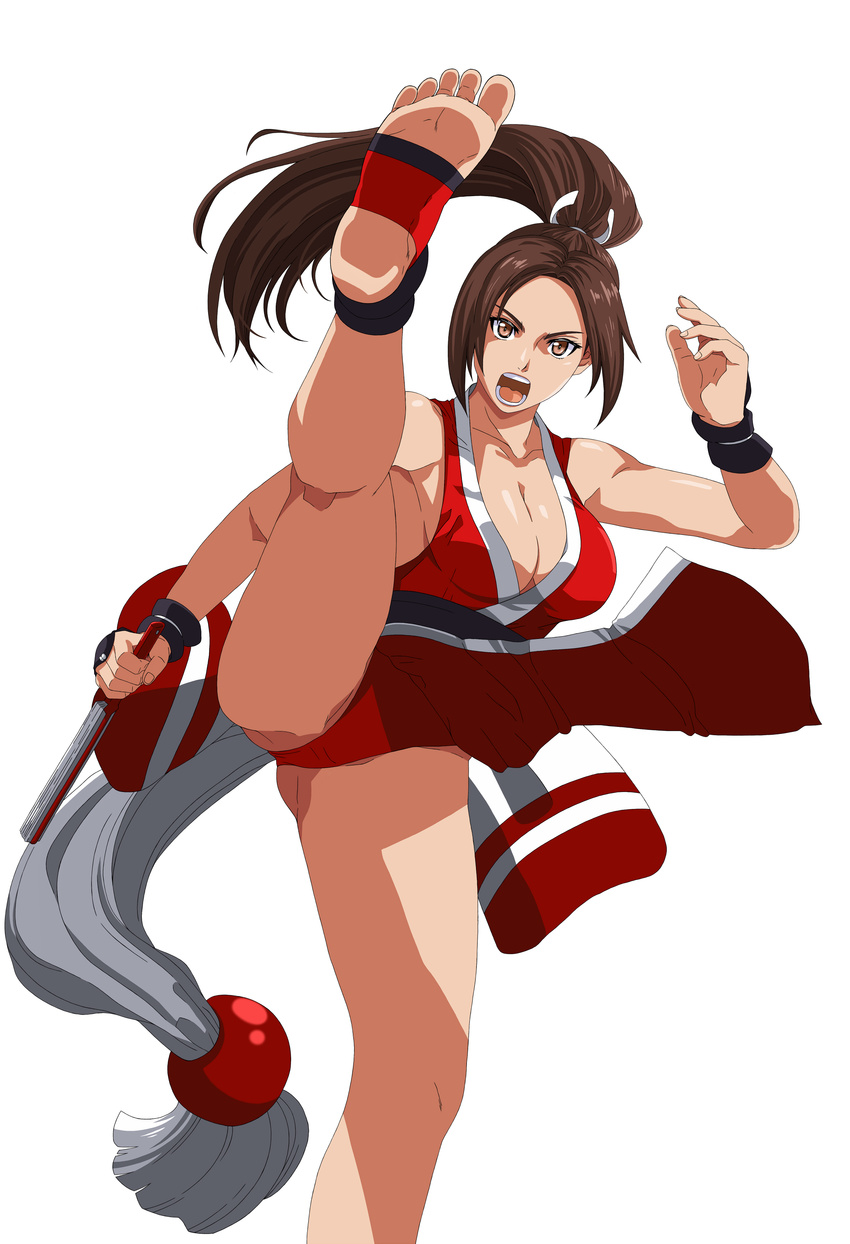 absurdres barefoot bridal_gauntlets brown_hair closed_fan fan fatal_fury feet fighting_stance folding_fan highres japanese_clothes kicking kuroi_ohagi long_hair ninja pelvic_curtain ponytail revealing_clothes shiranui_mai soles the_king_of_fighters toeless_legwear toes