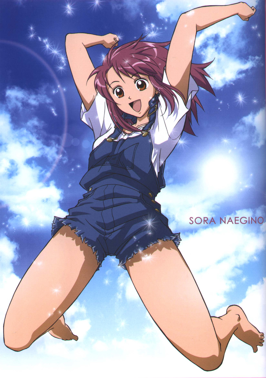 1girl barefoot brown_eyes cloud clouds feet female gonzo highres jumping kaleido_star long_hair naegino_sora official_art open_mouth overalls purple_hair sky smile solo