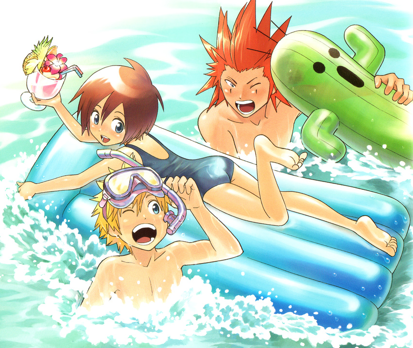 1girl 2boys axel beach black_hair blonde_hair disney drink goggles goggles_on_head highres kingdom_hearts kingdom_hearts_358/2_days multiple_boys red_hair roxas roxasschool_swimsuit school_swimsuit snorkel square_enix swimsuit xion xion_(kingdom_hearts)