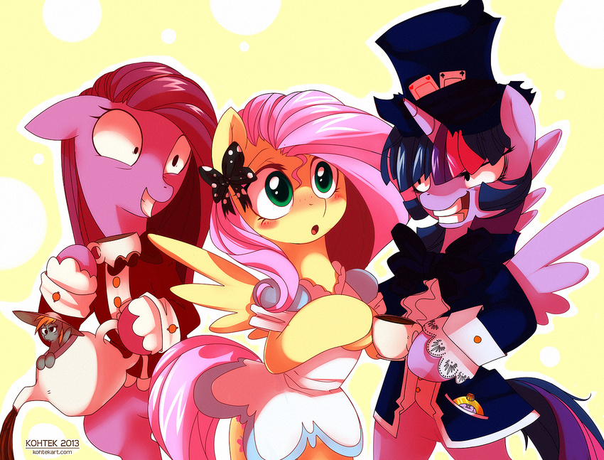 alice_(wonderland) alice_in_wonderland blush bow bow_tie clothed clothing crossover dormouse equine female fluttershy_(mlp) friendship_is_magic green_eyes hair hat horn horse insane kohtek mad_hatter mammal multi-colored_hair my_little_pony pegasus pink_hair pinkamena_(mlp) pinkie_pie_(mlp) pony tea tea_cup teacup teapot top_hat twilight_sparkle_(mlp) watch winged_unicorn wings