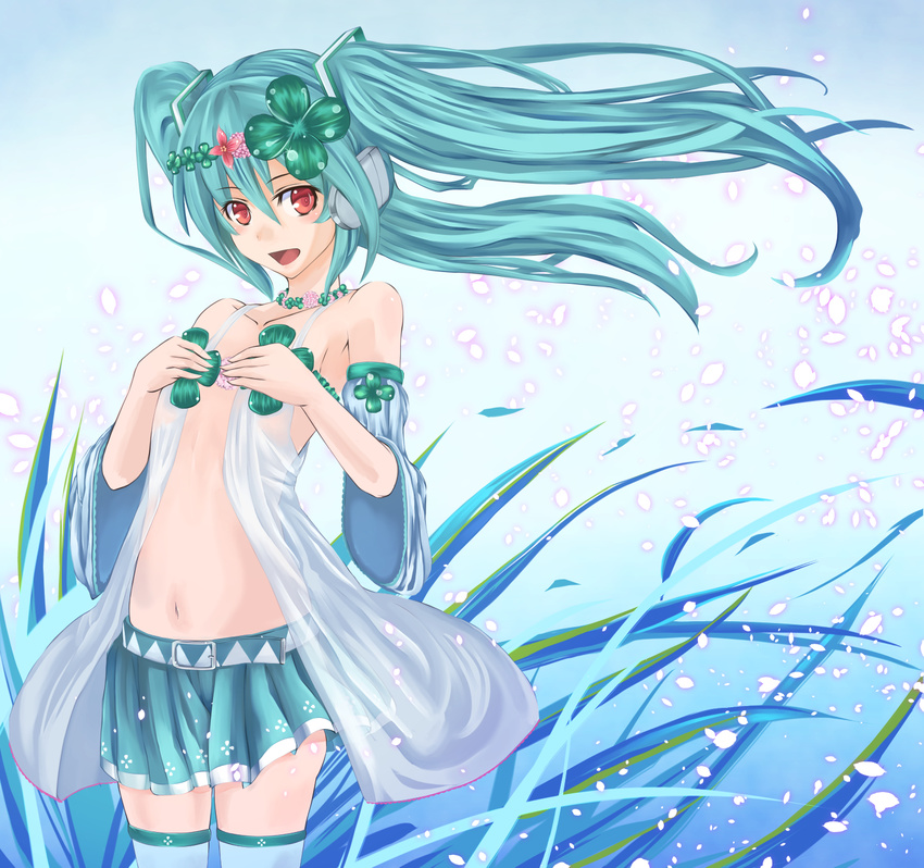 aqua_hair belt clover clover_hair_ornament detached_sleeves floating_hair four-leaf_clover four-leaf_clover_hair_ornament hair_ornament hatsune_miku headphones highres jewelry long_hair looking_at_viewer navel necklace open_mouth project_diva_(series) project_diva_2nd red_eyes skirt solo t_shatsu thighhighs twintails vocaloid