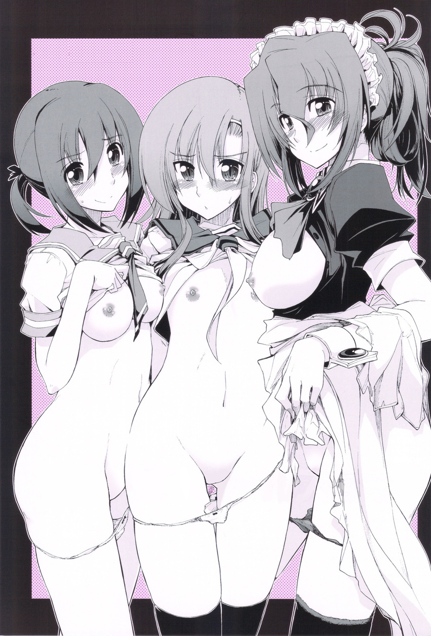 apron blush breasts folded_ponytail hayate_no_gotoku! highres kamino_ryuuya katsura_hinagiku long_hair maid_headdress maria maria_(hayate_no_gotoku!) multiple_girls navel nipples nishizawa_ayumu panties school_uniform shirt_lift smile socks twintails underwear undressing