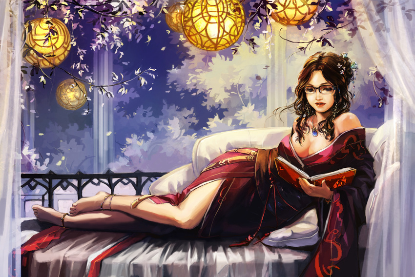 anklet anna_lynn bare_legs barefoot bed book bracelet brown_hair curly_hair glasses hair_ornament highres japanese_clothes jewelry kimono lamp long_hair lying nature necklace original pendant reading tied_hair tree
