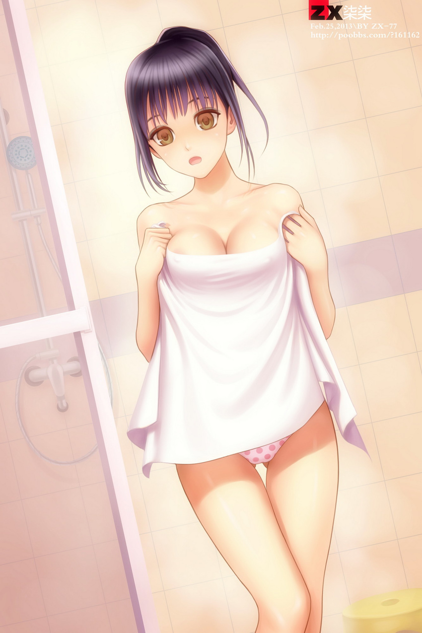 areola_slip areolae breasts cleavage covered_nipples covering d: faucet highres medium_breasts nude_cover open_mouth original panties pink_panties polka_dot polka_dot_panties ponytail purple_hair showering solo stool thigh_gap tile_wall tiles topless towel underwear underwear_only watermark web_address white_towel yellow_eyes zx-77