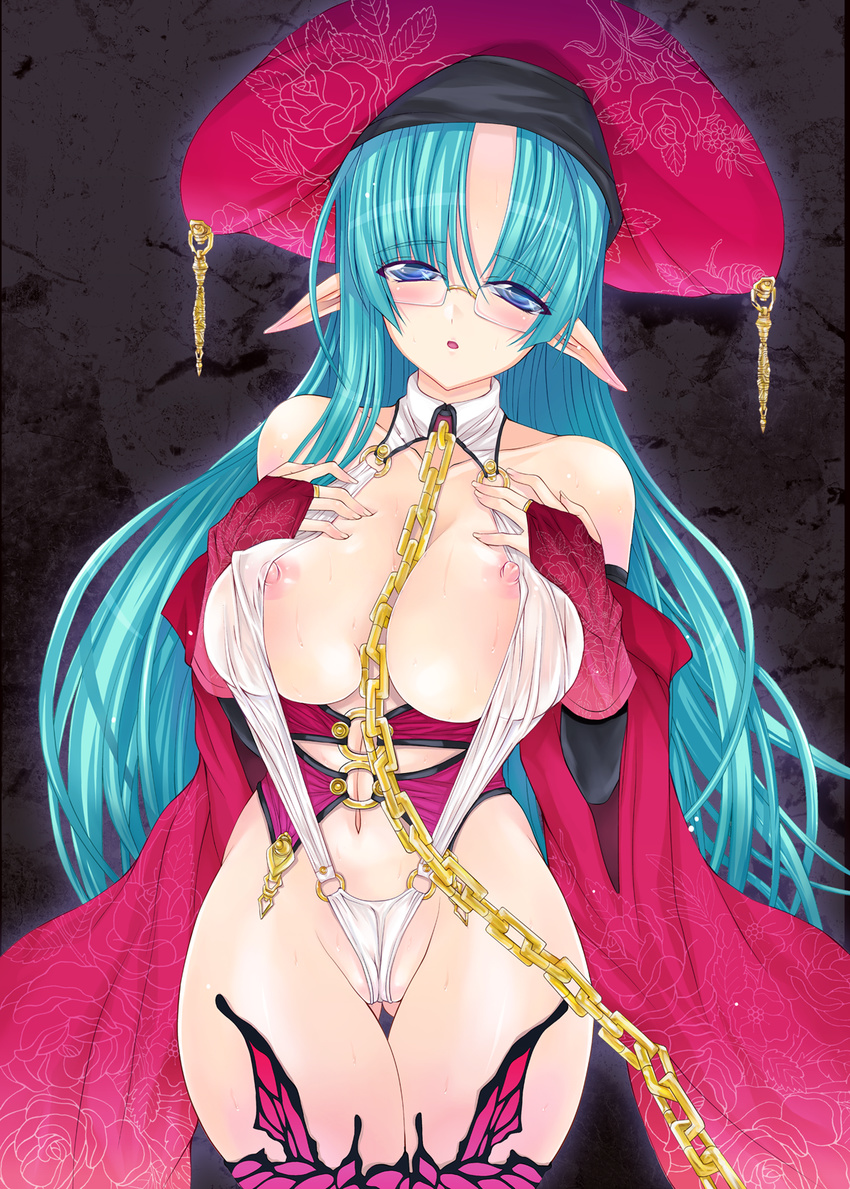 1girl bad_id bdsm blue_eyes blue_hair blush breasts cameltoe chains collar elf female glasses hat highres large_breasts leash long_hair looking_at_viewer navel nipples original pointy_ears see-through senrireiri solo standing thighhighs
