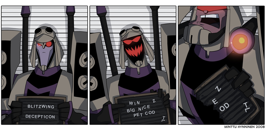angry attack blitzwing cannon comic crazy decepticon english grin helmet jitome mecha minttu_hynninen monocle mugshot no_humans red_eyes robot sequential shouting smile transformers transformers_animated visor