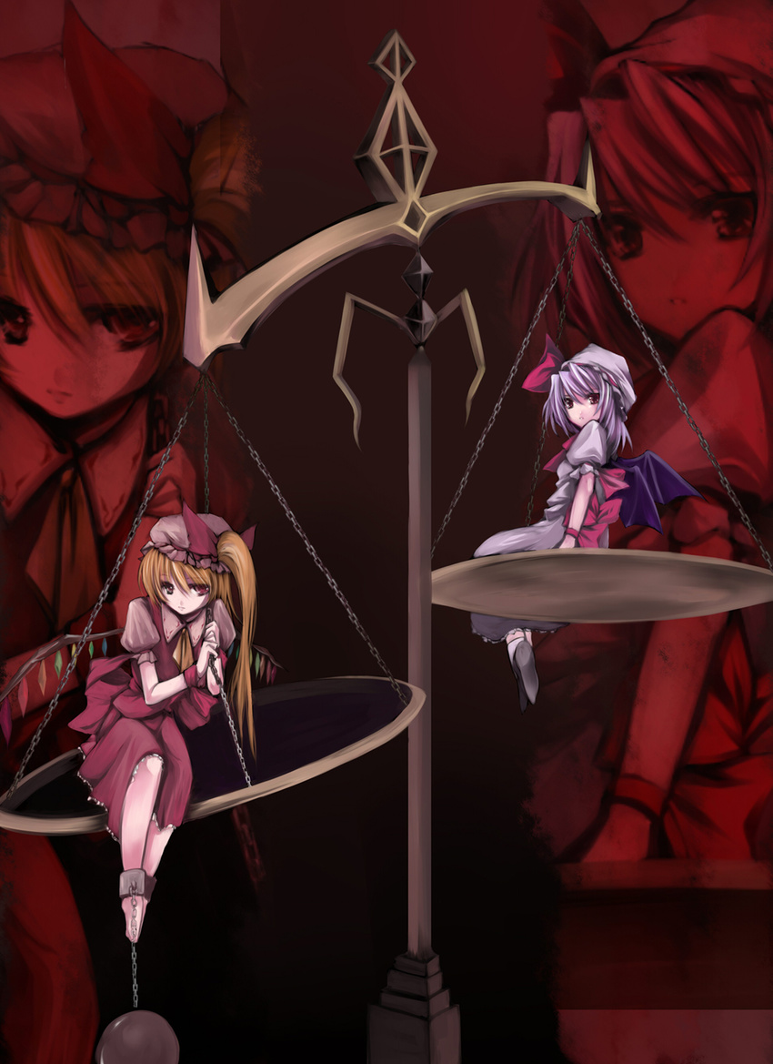 atoshi balance_scale barefoot bat_wings blonde_hair boulder bow chain flandre_scarlet hat hat_ribbon highres multiple_girls one_side_up ponytail purple_hair red_eyes remilia_scarlet ribbon short_hair siblings sisters socks touhou weighing_scale weights wings zoom_layer