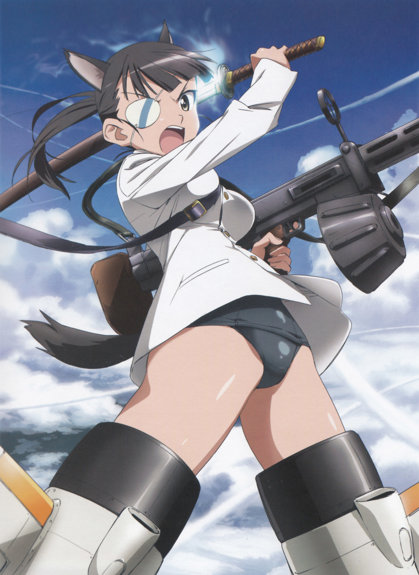 absurdres animal_ears black_hair black_school_swimsuit cloud day dog_ears extra_ears eyepatch gun heavy_machine_gun highres katana long_hair machine_gun military military_uniform no_pants non-web_source official_art ponytail sakamoto_mio school_swimsuit shimada_fumikane shirt sky solo strike_witches striker_unit swimsuit swimsuit_under_clothes sword type_99_cannon uniform weapon world_witches_series