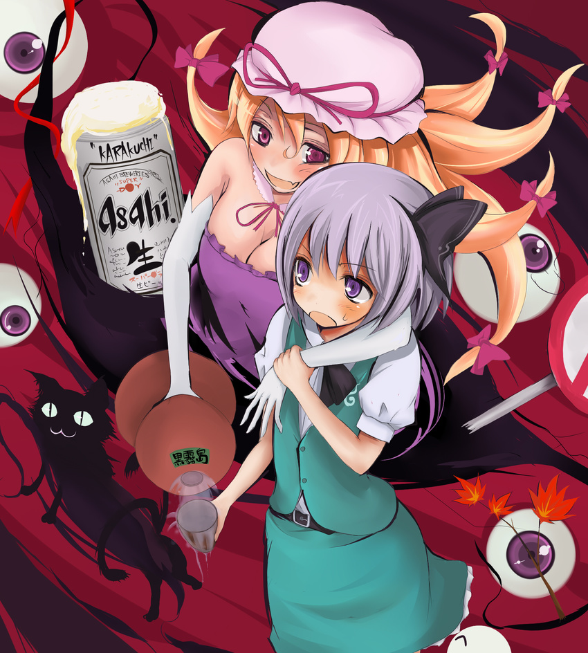 alcohol asahi_breweries beer beer_can belt blonde_hair bow branch breasts can cat cleavage drink drunk eyes fang gap gloves gourd hair_ribbon hat hat_ribbon highres konpaku_youmu large_breasts leaf long_hair miotama multiple_girls multiple_tails purple_eyes ribbon short_hair silver_hair tail touhou yakumo_yukari