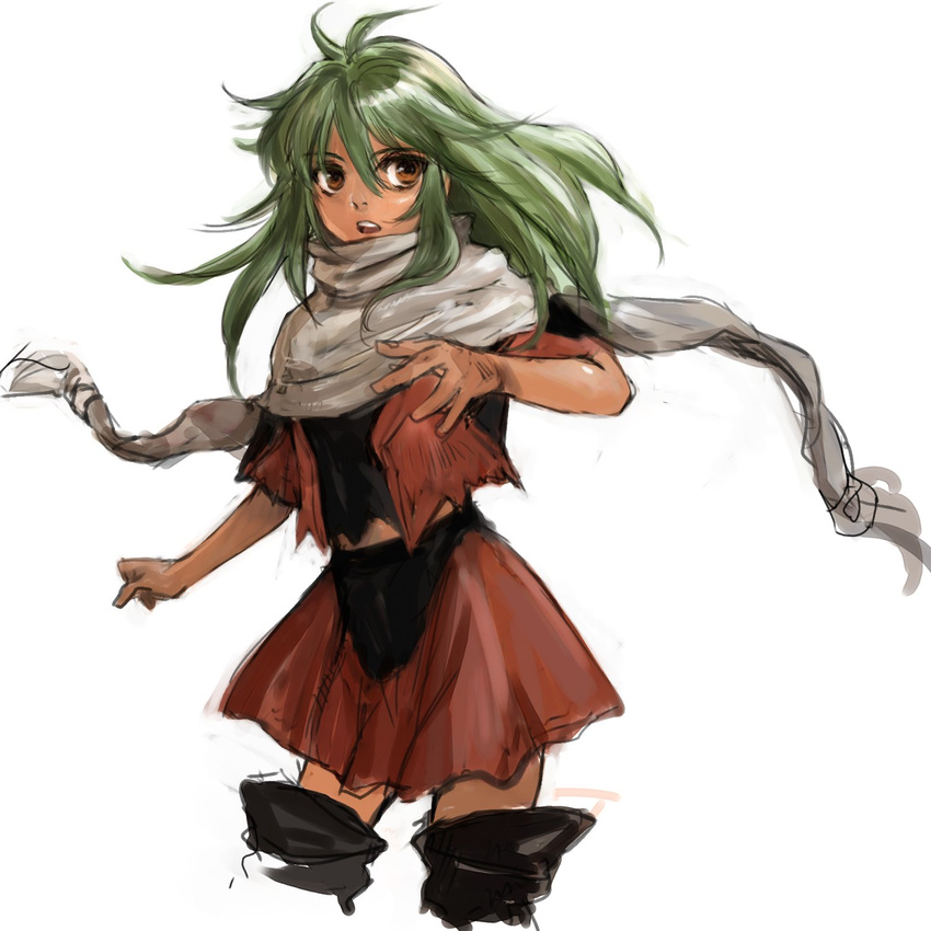 bad_id bad_pixiv_id dark_skin emerada_(xenogears) green_hair highres scarf skirt solo tadano_tsutomu torn_clothes xenogears