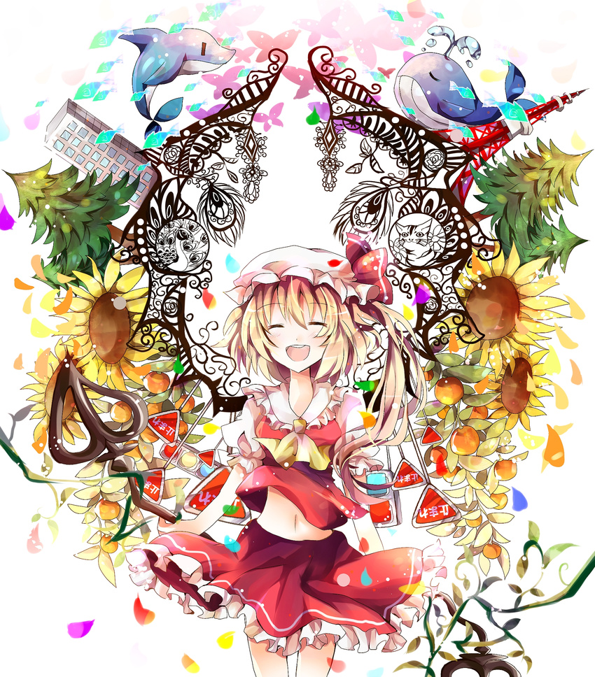 ascot azumamutuki bad_id bad_pixiv_id blonde_hair cat closed_eyes colorful dolphin flandre_scarlet flower highres laevatein open_mouth short_hair side_ponytail skirt skirt_set smile solo sunflower tokyo_tower touhou tree whale wings