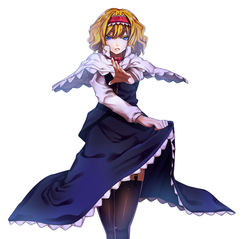 alice_margatroid blonde_hair blue_eyes capelet dress garter_straps hairband open_mouth short_hair solo standing thighhighs touhou uu_uu_zan white_background