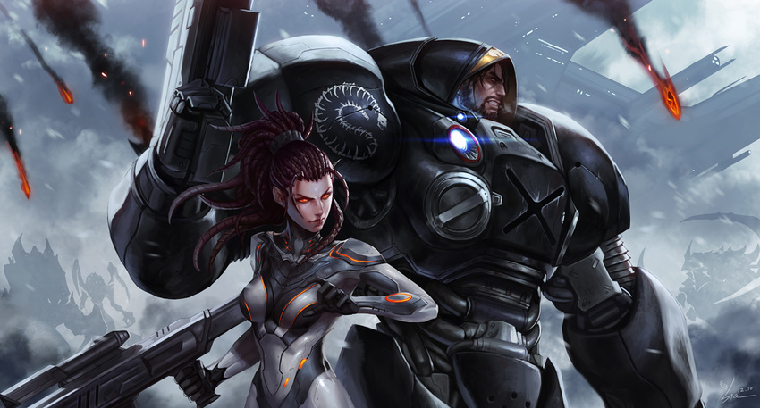 1girl alien armor battle bodysuit floating flying fog glowing glowing_eyes grin gun jim_raynor kim_tae_kyeong machine_gun mecha monster ponytail power_armor realistic red_eyes rifle sarah_kerrigan science_fiction shadow signature size_difference smile smoke space_craft spacesuit starcraft starcraft_2 starcraft_2:_heart_of_the_swarm terran weapon zerg