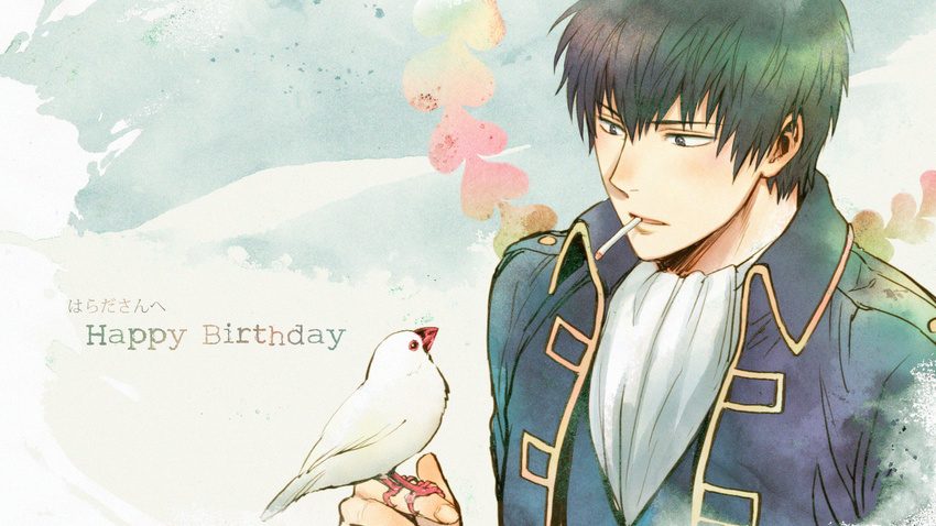 bad_id bad_pixiv_id bird bird_on_hand black_eyes black_hair finch gintama happy_birthday highres hijikata_toushirou male_focus military military_uniform shinsengumi_(gintama) solo tkr_(lovedelic99) uniform