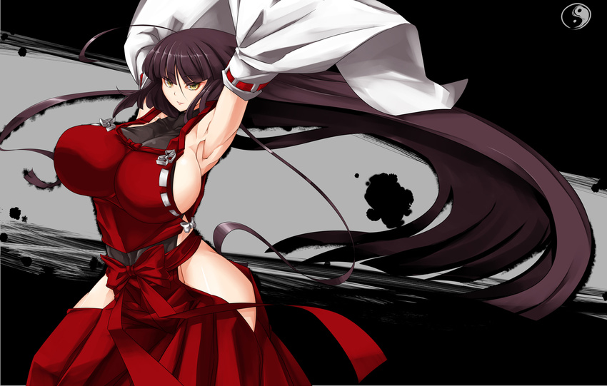 ahoge armpits arms_up bare_shoulders black_hair breasts detached_sleeves hakama huge_ahoge huge_breasts japanese_clothes leotard long_hair m.u.g.e.n nontraditional_miko original red_hakama rekise sendai_hakurei_no_miko sideboob smile solo touhou wide_sleeves yellow_eyes