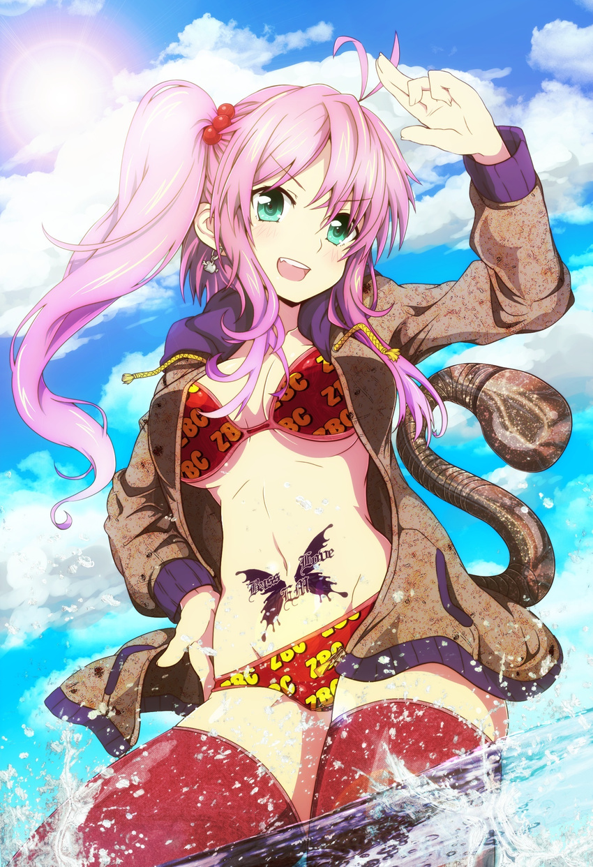 ahoge bikini boned_meat breasts bug butterfly cloud day dutch_angle earrings fang food green_eyes hair_bobbles hair_ornament highres hood hoodie insect jewelry large_breasts long_hair meat navel open_clothes original pink_hair side_ponytail sky solo sun swimsuit tail tattoo thighhighs tom_(drpow) underboob water