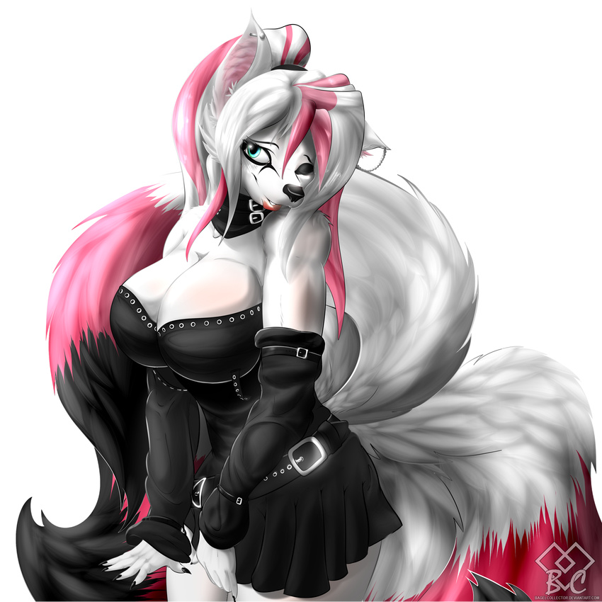 alpha_channel anthro arctic_fox arm_warmers bagelcollector belt big_breasts black black_clothing black_nose breasts canine cleavage clothed clothing collar female fox goth goth_skirt hair hi_res looking_at_viewer mammal multiple_tails one_eye_closed piercing pink pink_hair pink_tail plain_background shy skirt solo tails transparent_background white white_fox wink zoefox(character) zoefox_(character)