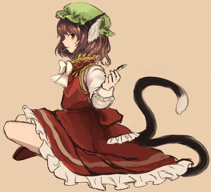 animal_ears brown_eyes brown_hair cat_ears cat_tail chen earrings fish food_in_mouth hat inazakura00 jewelry looking_at_viewer multiple_tails profile simple_background sitting solo tail touhou