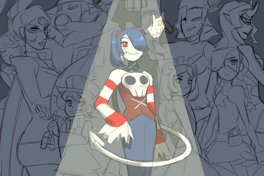 1boy 6+girls annie_(skullgirls) annie_of_the_stars bare_shoulders big_band black_dahlia bloody_marie_(skullgirls) blue_hair blush corset d._violet d._violet_(skullgirls) detached_sleeves hair_over_one_eye hungern_(skullgirls) leviathan_(skullgirls) long_hair long_skirt maid mrs._victoria_(skullgirls) multiple_girls pale_skin partially_colored red_eyes shoujo_space_girl side_ponytail sienna_contiello skirt skull skullgirls smile squigly_(skullgirls) stitched_mouth striped_sleeves umbrella_(skullgirls) xuunies zombie