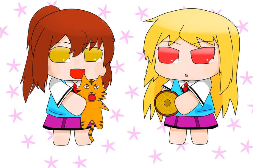 aoyama_nanami artist_request baumkuchen blonde_hair brown_hair cat chibi long_hair multiple_girls parody ponytail puchimasu! red_eyes sakura-sou_no_pet_na_kanojo school_uniform shiina_mashiro stuffed_animal stuffed_tiger stuffed_toy style_parody tiger yellow_eyes