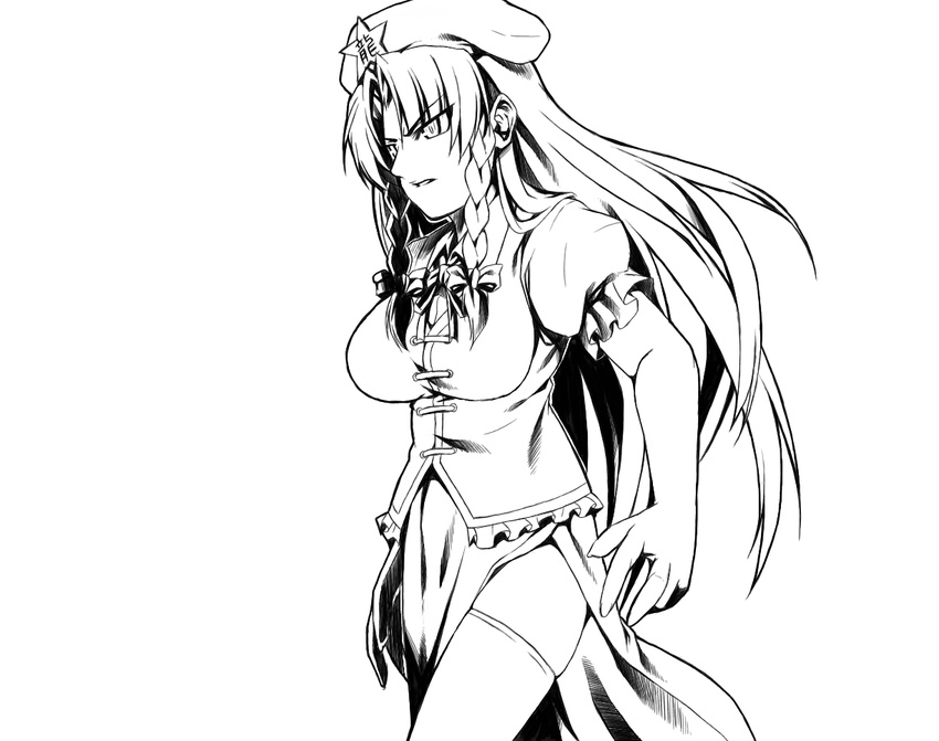asashin_(kazami-tomo) bad_id bad_pixiv_id bow braid breasts chinese_clothes greyscale hair_bow hat hong_meiling large_breasts long_hair monochrome side_slit skirt star thighhighs touhou twin_braids